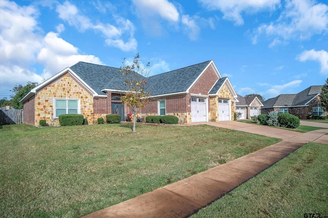 view of front of property featuring a garage and a front lawn