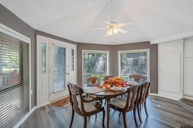 dining area featuring ceiling fan, dark hardwood / wood-style floors, and a textured ceiling