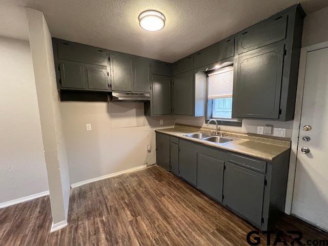 314 S Center St, Longview, TX 75601 - kitchen with a sink, gray cabinetry, dark wood finished floors, a textured ceiling, and under cabinet range hood