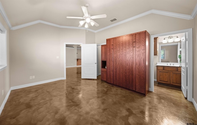 unfurnished bedroom featuring lofted ceiling, ceiling fan, ornamental molding, and sink