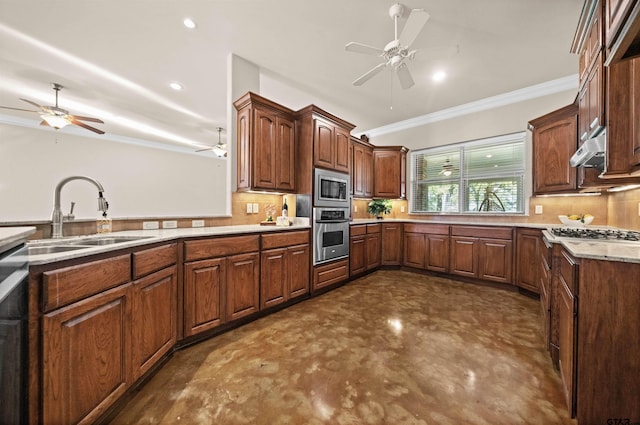 kitchen featuring decorative backsplash, sink, ornamental molding, and appliances with stainless steel finishes