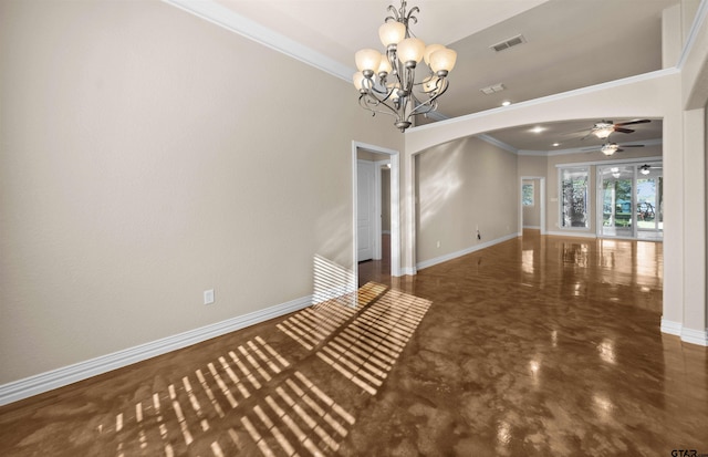 interior space with ceiling fan with notable chandelier and crown molding