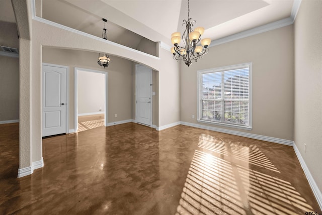 empty room with an inviting chandelier and ornamental molding