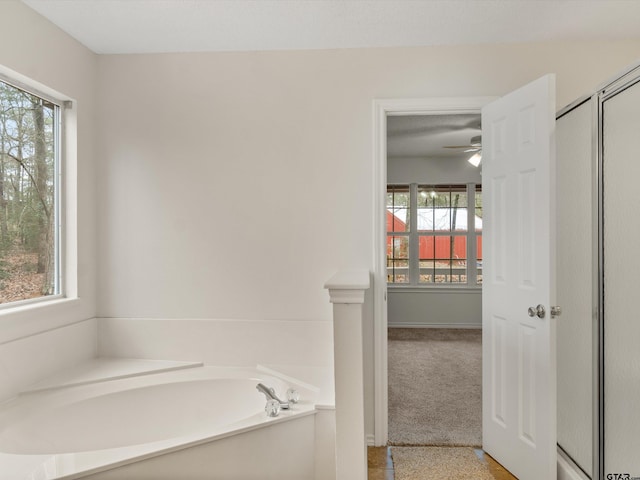 bathroom featuring plenty of natural light, a tub, and ceiling fan