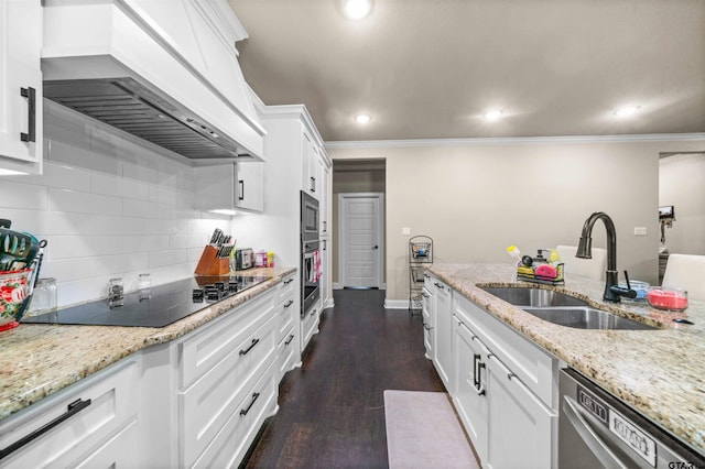 kitchen with stainless steel appliances, white cabinetry, dark hardwood / wood-style flooring, sink, and custom exhaust hood