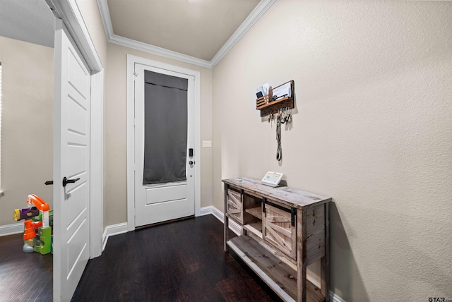 doorway featuring ornamental molding and dark hardwood / wood-style flooring