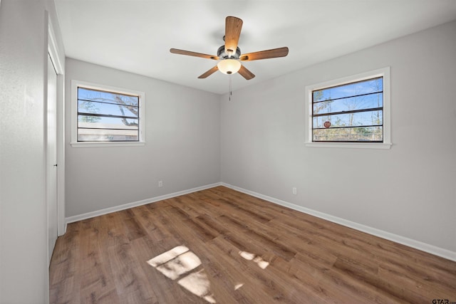 empty room with wood-type flooring, a wealth of natural light, and ceiling fan