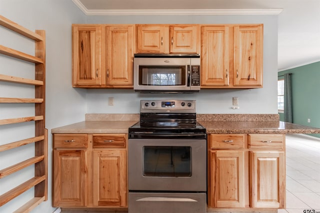 kitchen with stainless steel appliances, ornamental molding, light tile patterned flooring, and open shelves