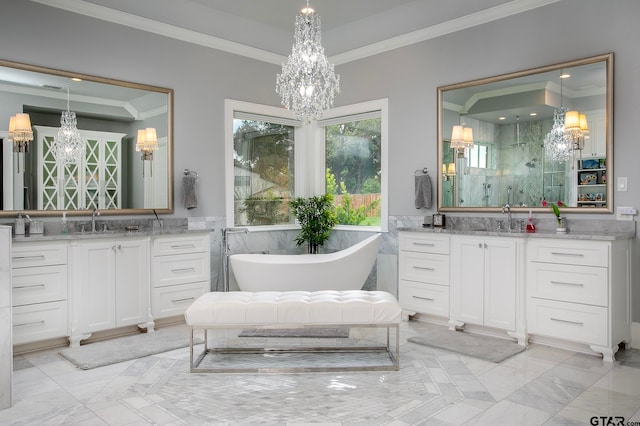 bathroom with tile walls, independent shower and bath, vanity, and crown molding