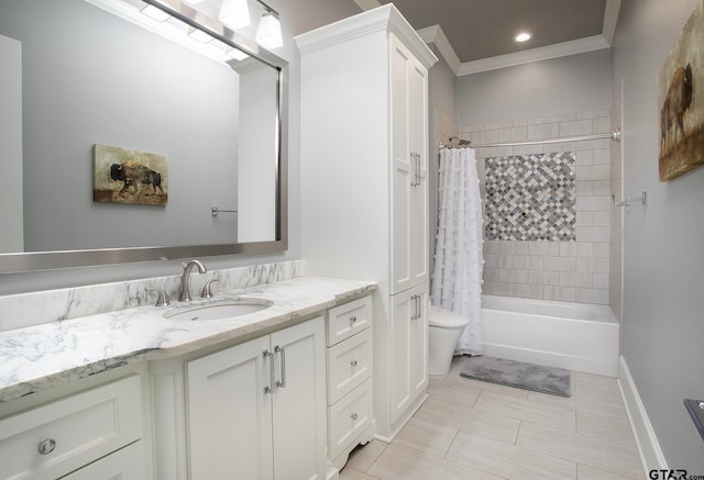 full bathroom featuring toilet, vanity, crown molding, and shower / tub combo with curtain