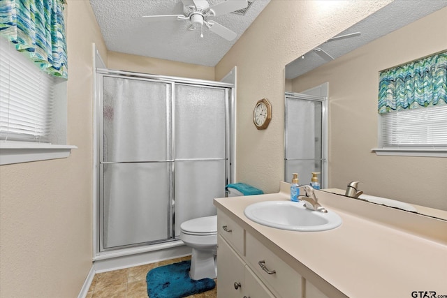 201 Terry St, White Oak, TX 75693 - full bath with a stall shower, vanity, a ceiling fan, toilet, and a textured ceiling