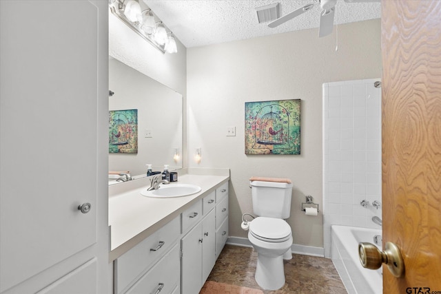 201 Terry St, White Oak, TX 75693 - full bathroom with a ceiling fan, a textured ceiling, vanity, toilet, and bathing tub / shower combination