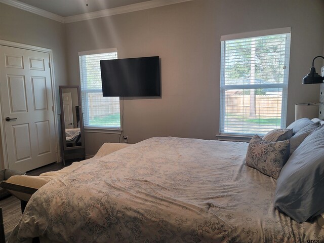 bedroom featuring multiple windows and crown molding