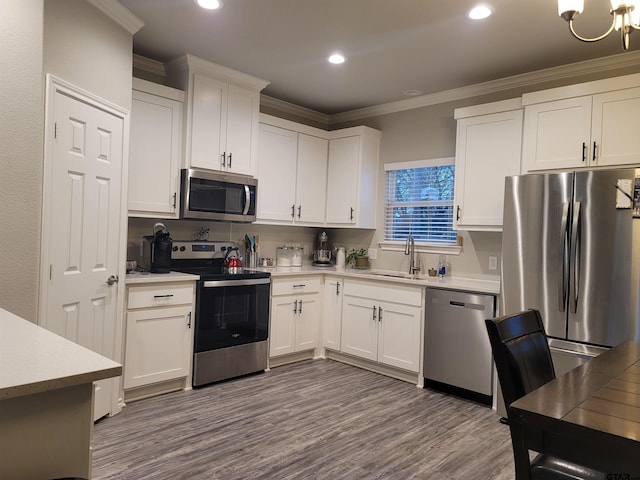 kitchen featuring crown molding, white cabinetry, stainless steel appliances, and a sink