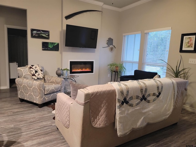 living area featuring baseboards, a glass covered fireplace, crown molding, and wood finished floors