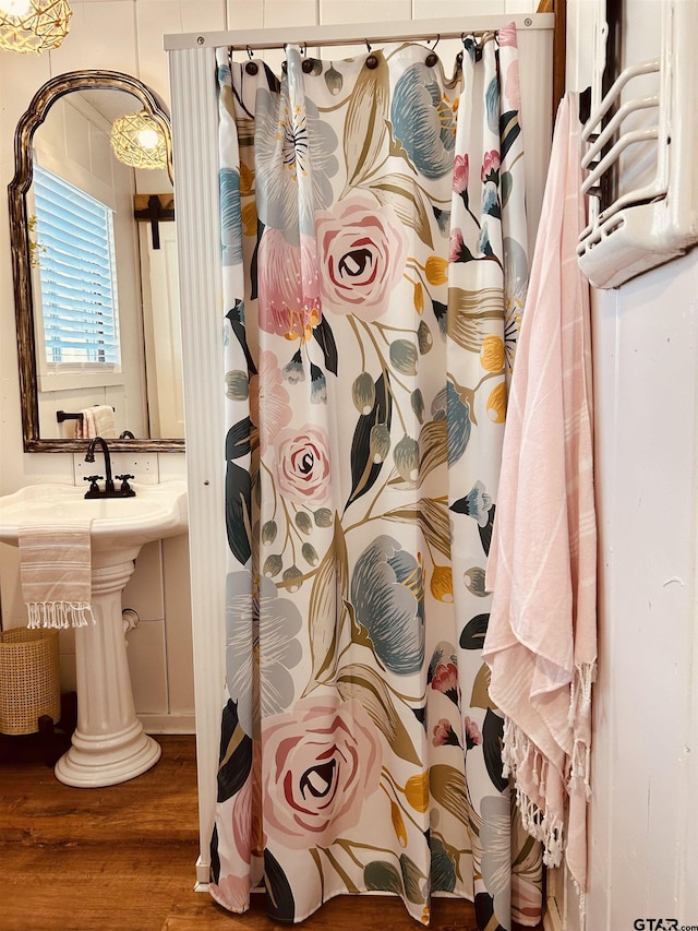 bathroom with hardwood / wood-style floors