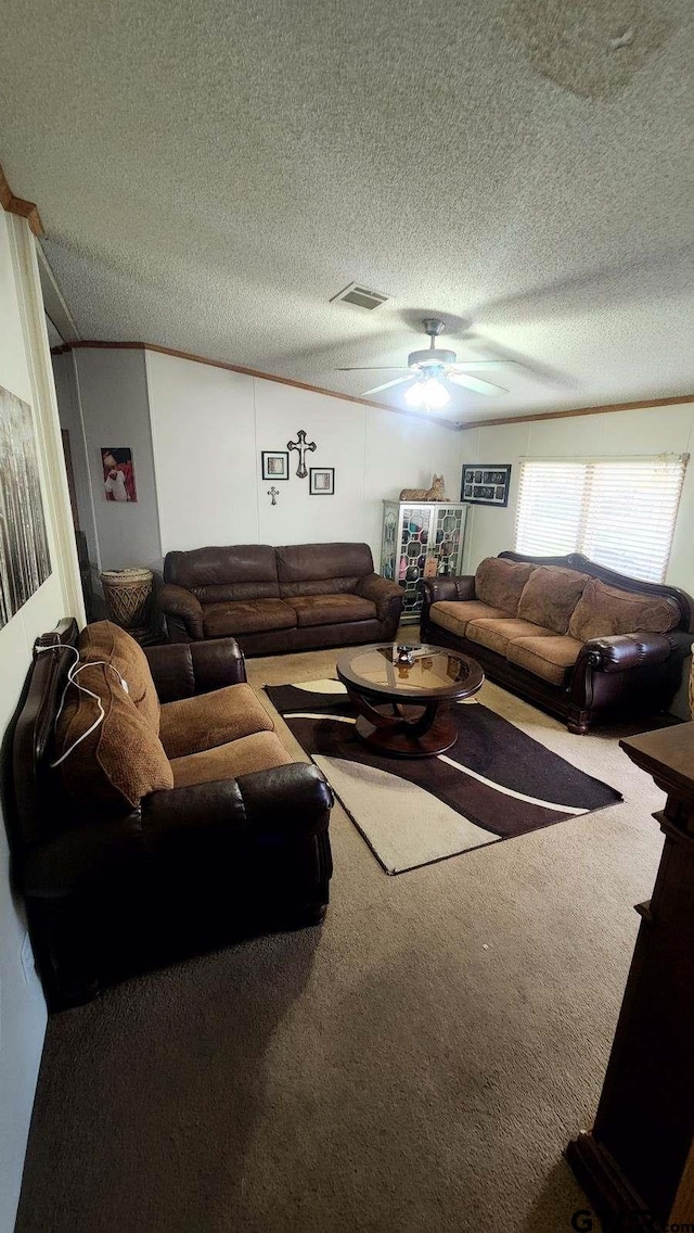 living room featuring ceiling fan, carpet, and a textured ceiling