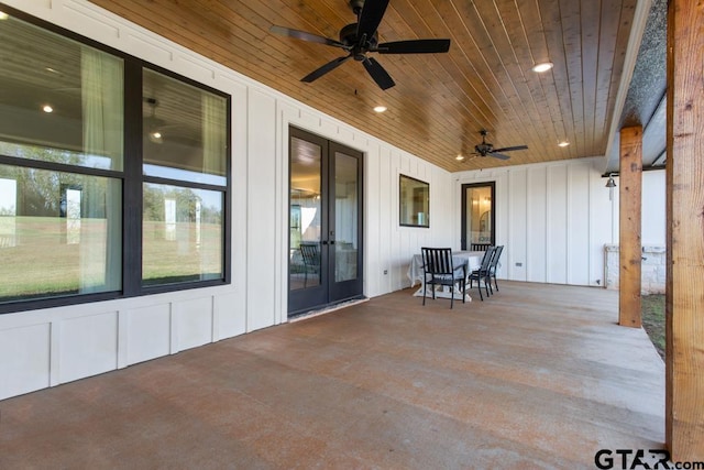 view of patio / terrace with ceiling fan and french doors