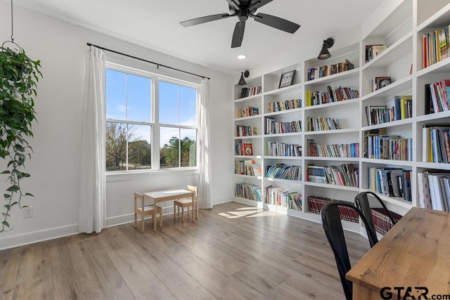 office space with light hardwood / wood-style floors and ceiling fan