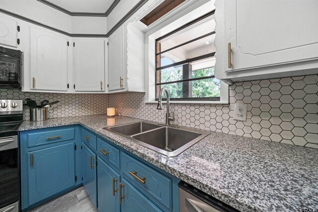9805 Fm 773, Murchison, TX 75778 - kitchen with black microwave, stainless steel electric range oven, a sink, blue cabinets, and white cabinetry