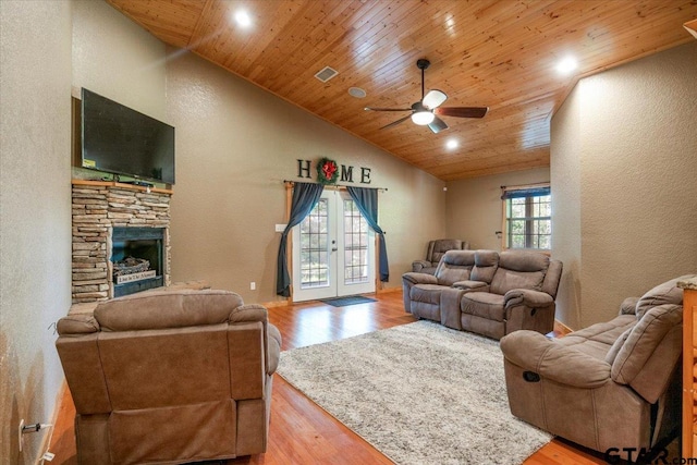 6841 Fm 778, Hawkins, TX 75765 - living area with wooden ceiling, wood finished floors, ceiling fan, and vaulted ceiling
