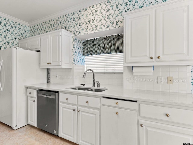 kitchen with white cabinetry, sink, ornamental molding, and dishwasher