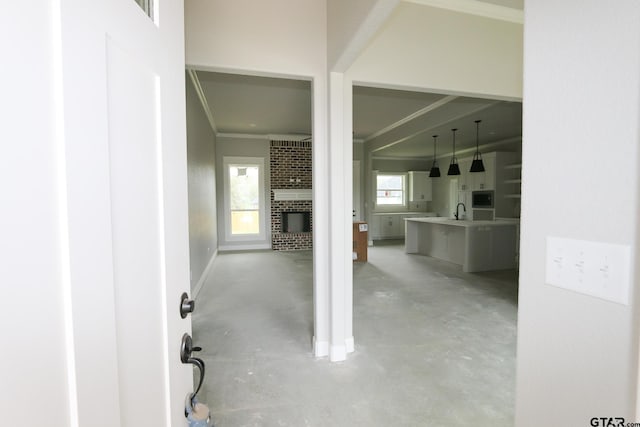 hall featuring sink and crown molding