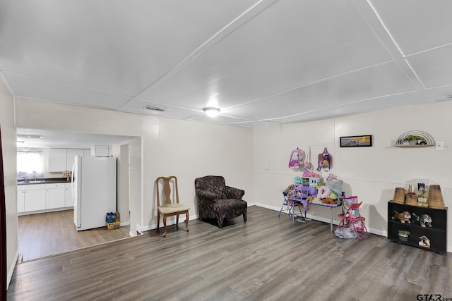 living area with wood-type flooring and sink