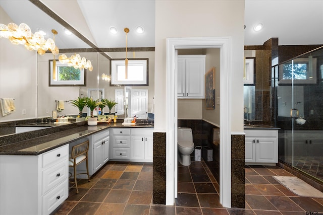 bathroom featuring vanity, a shower with shower door, vaulted ceiling, and toilet