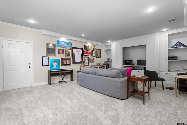 living room with ornamental molding and light carpet