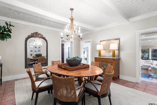 dining area with tile patterned flooring, a textured ceiling, a chandelier, and beamed ceiling