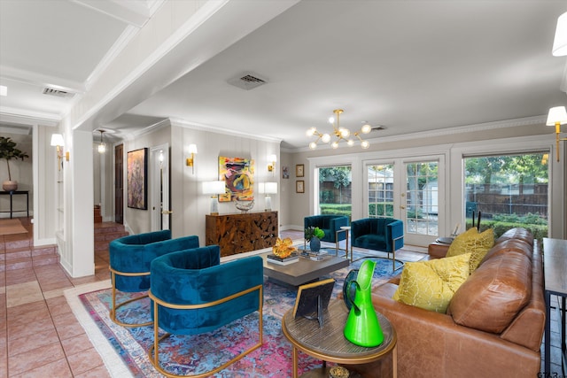 living room featuring french doors, tile patterned flooring, an inviting chandelier, and ornamental molding