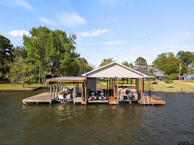 view of dock featuring boat lift and a water view