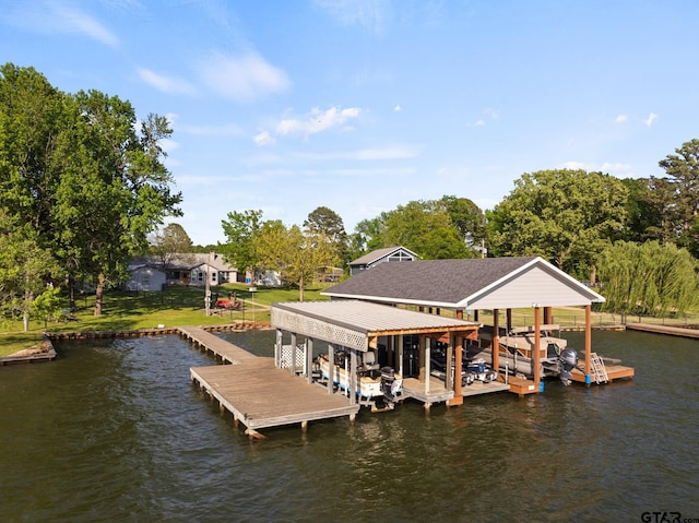 view of dock featuring boat lift and a water view