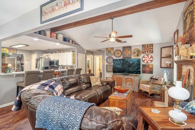 living room featuring dark wood-type flooring, ceiling fan, and lofted ceiling with beams