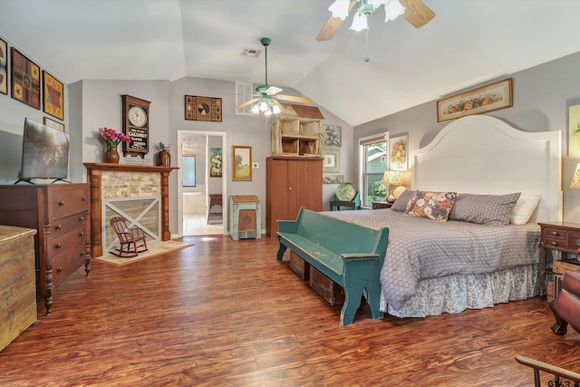 bedroom with wood-type flooring, ceiling fan, and lofted ceiling