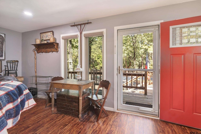 bedroom with access to outside and dark wood-type flooring