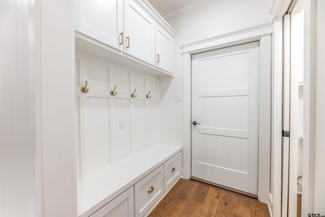 mudroom with ornamental molding and dark wood-type flooring