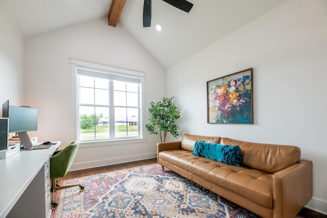 office space featuring hardwood / wood-style flooring, ceiling fan, and vaulted ceiling with beams