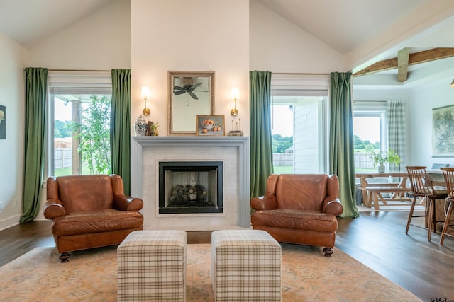 sitting room with a wealth of natural light, a fireplace, vaulted ceiling, and hardwood / wood-style flooring