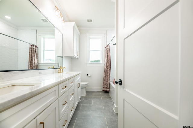 full bathroom with tile patterned flooring, vanity, shower / bath combination with curtain, and toilet