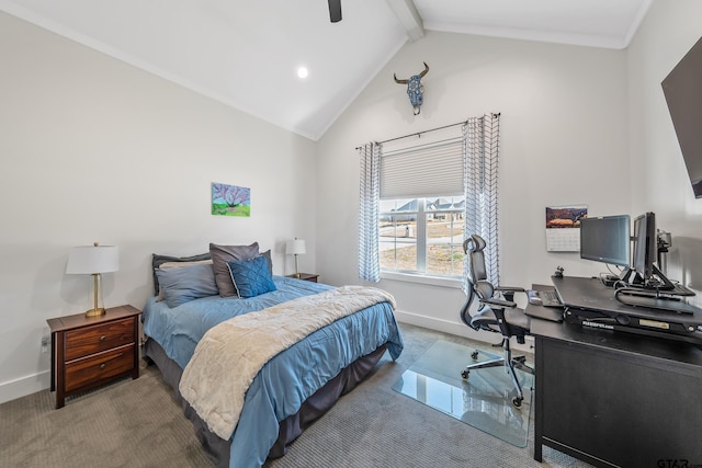 7584 Princedale, Tyler, TX 75703 - carpeted bedroom featuring baseboards, beam ceiling, an office area, high vaulted ceiling, and a ceiling fan