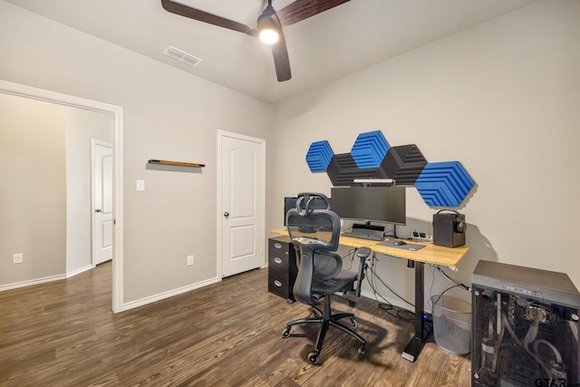 home office with ceiling fan and dark hardwood / wood-style floors