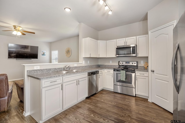 kitchen with white cabinetry, appliances with stainless steel finishes, sink, and dark hardwood / wood-style floors