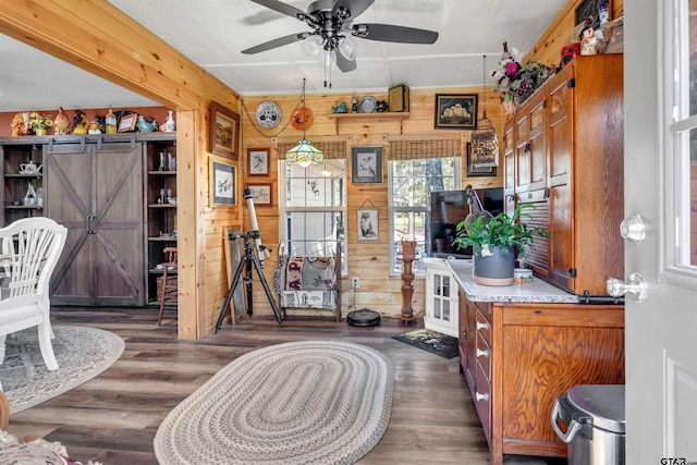 kitchen featuring a ceiling fan, a barn door, wooden walls, and wood finished floors