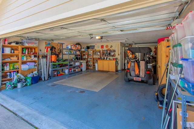 garage featuring a workshop area and a garage door opener