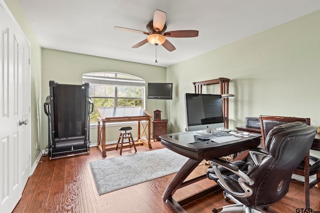 home office featuring ceiling fan and dark hardwood / wood-style flooring