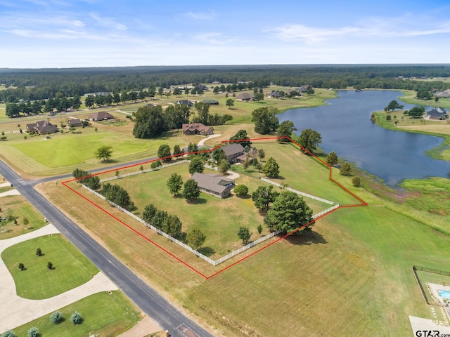 bird's eye view featuring a water view and a rural view