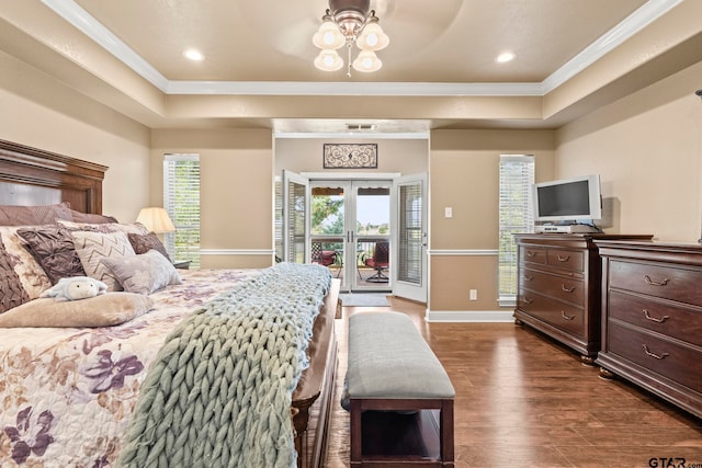 bedroom featuring ornamental molding, ceiling fan, dark hardwood / wood-style flooring, french doors, and access to outside