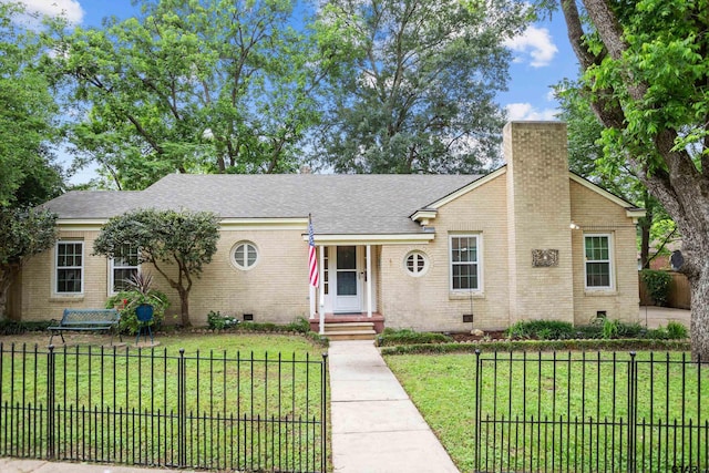 single story home with brick siding, crawl space, a chimney, and a front yard